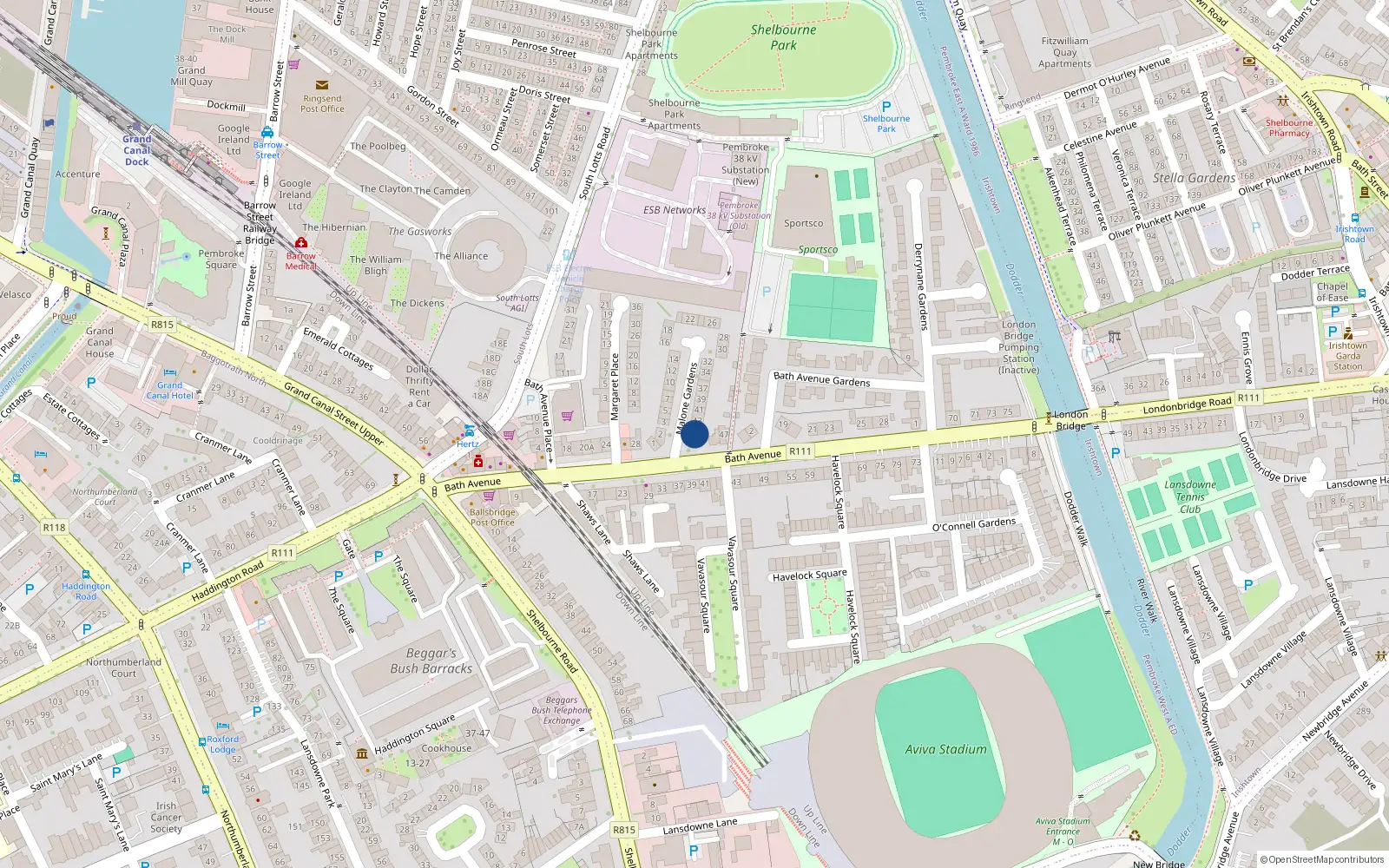Overhead map showing the location of 44 Malone Gardens, Dublin