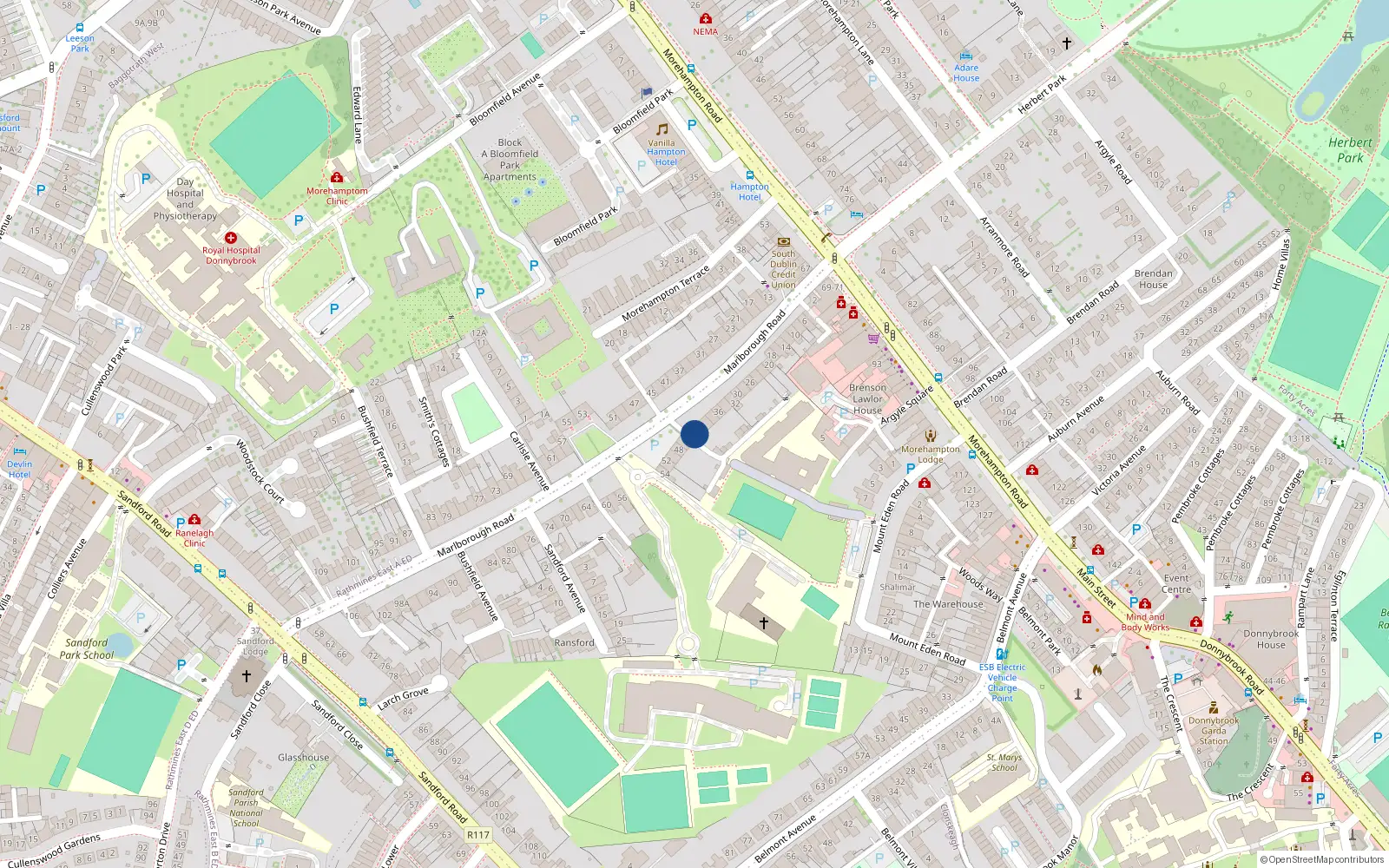 Overhead map showing the location of 44 Marlborough Road, Donnybrook