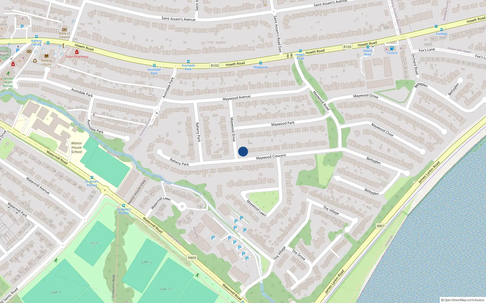 Overhead map showing the location of 44 Maywood Crescent, Raheny, Dublin 5