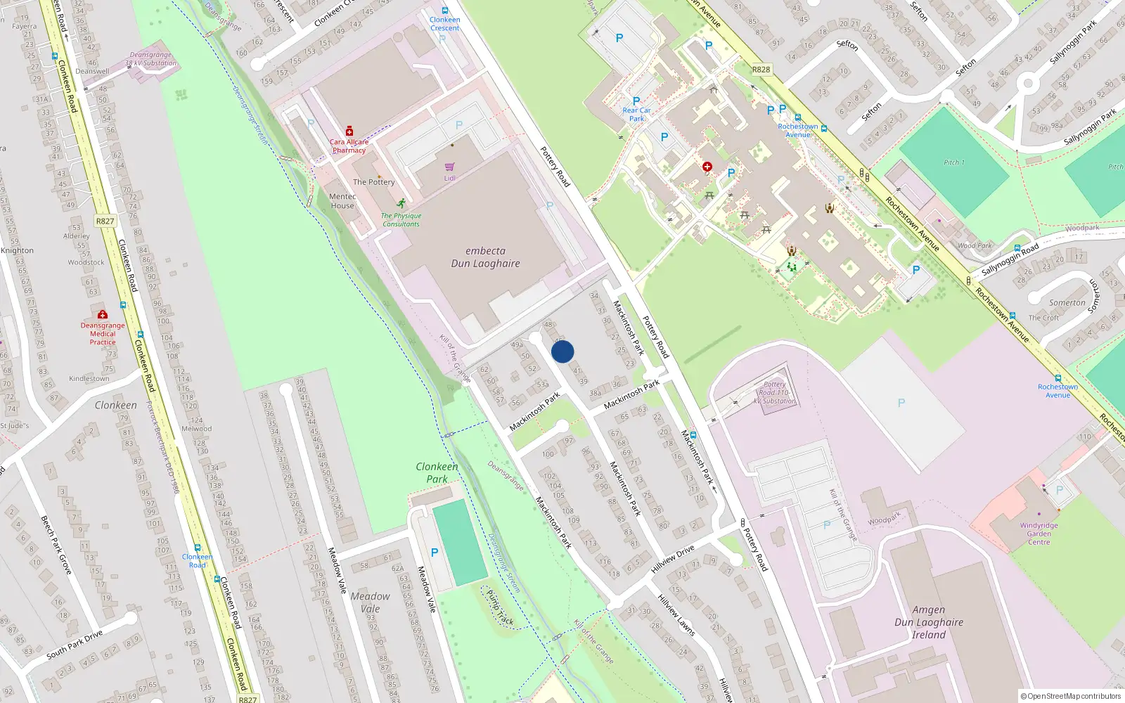 Overhead map showing the location of 44 Mcintosh Park, Pottery Road, Dun Laoire