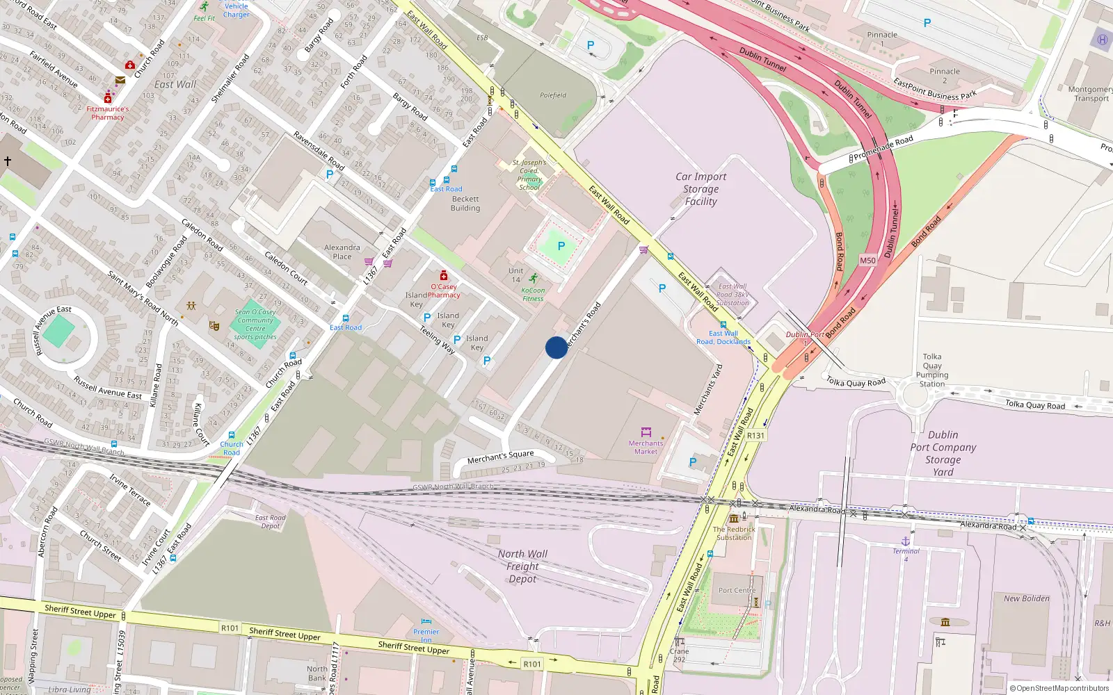 Overhead map showing the location of 44 Merchants Road, East Wall, Dublin 3