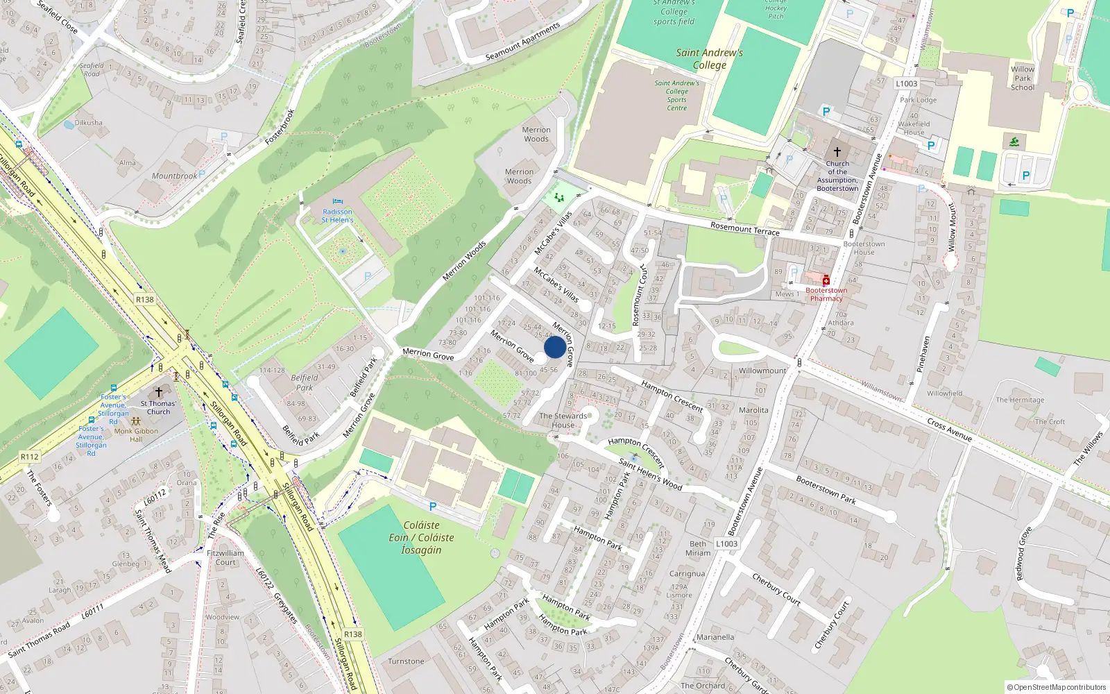 Overhead map showing the location of 44 Merrion Grove, Stillorgan, Dublin