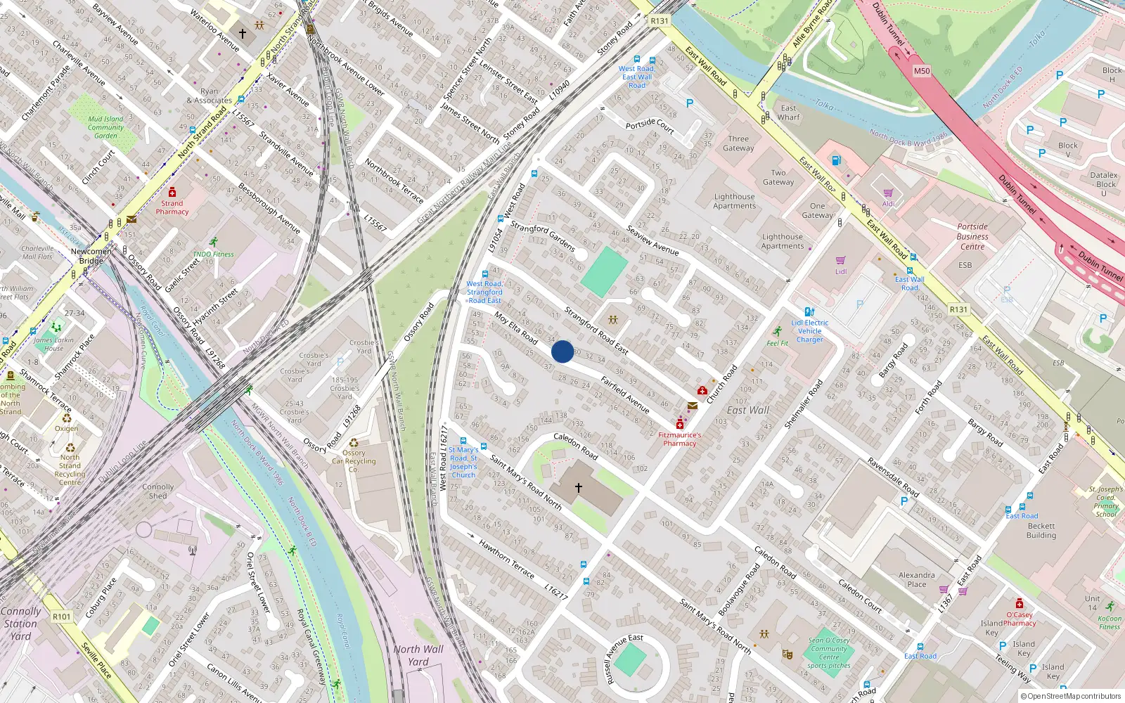 Overhead map showing the location of 44 Moy Elta Road, East Wall, Dublin 3