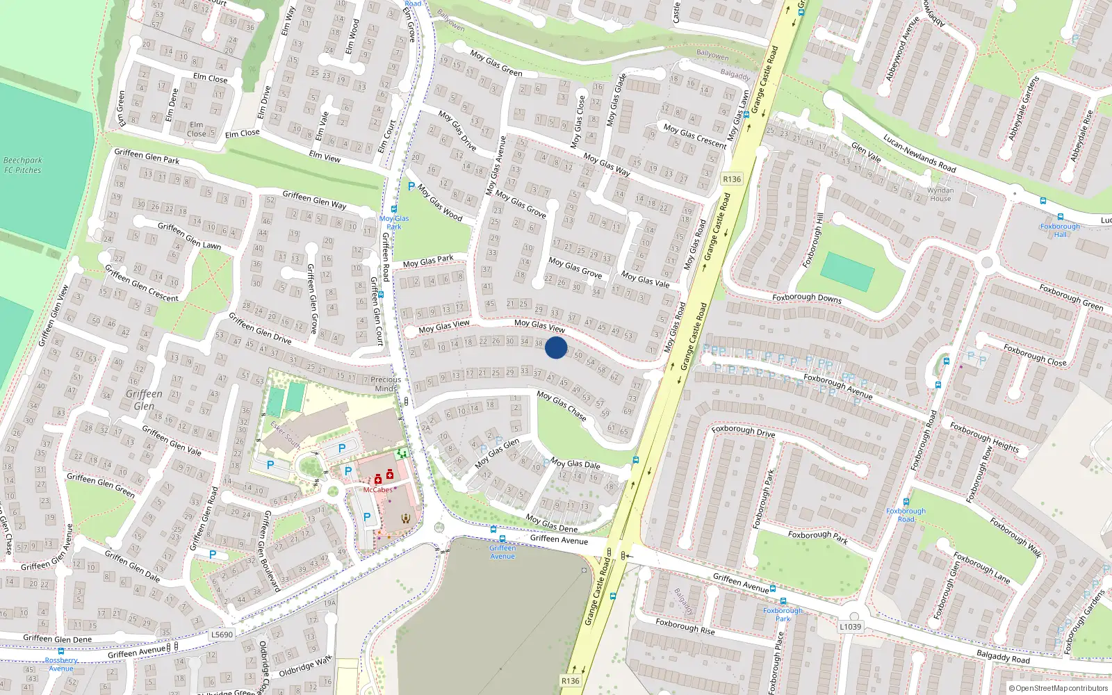 Overhead map showing the location of 44 Moy Glas View, Lucan