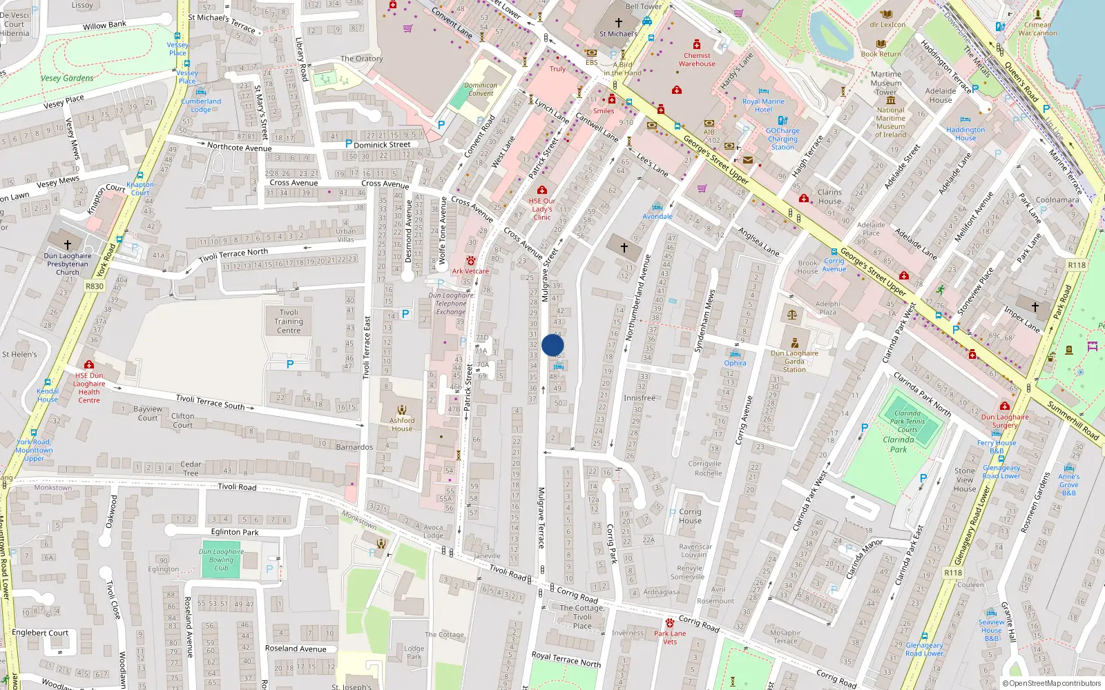 Overhead map showing the location of 44 Mulgrave St, Dun Laoghaire, Dublin