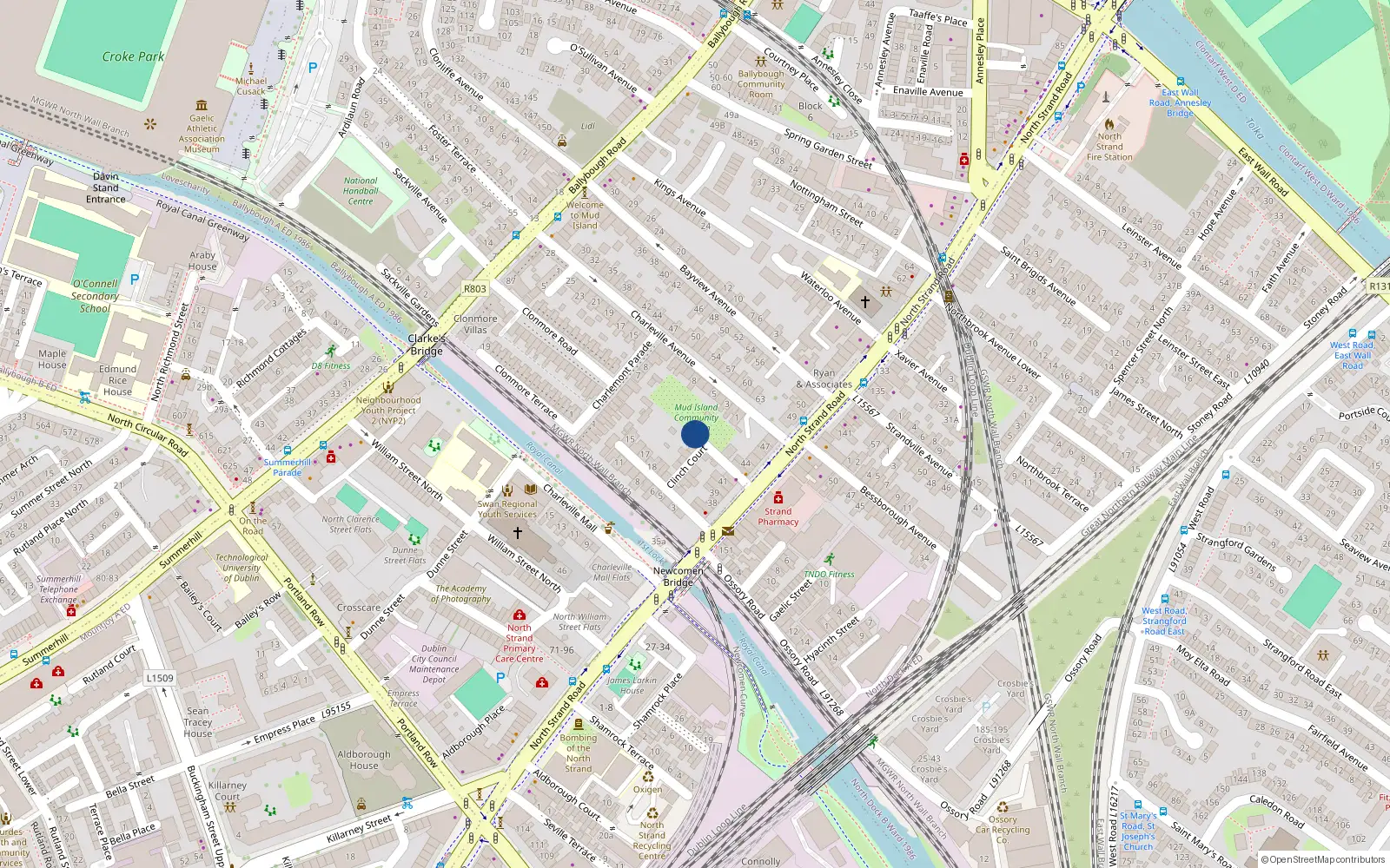 Overhead map showing the location of 44 North Strand Road, 4 Newcomen Court, North Inner City