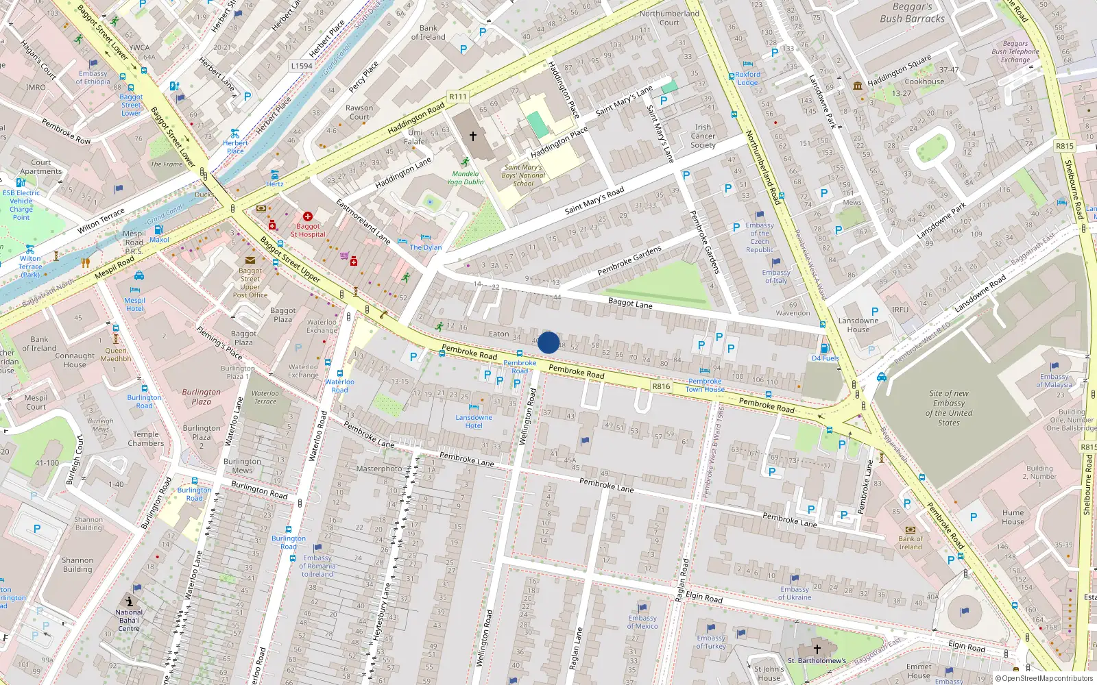 Overhead map showing the location of 44 Pembroke Road, Dublin 4