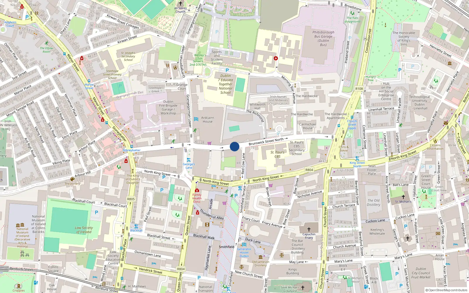 Overhead map showing the location of 44 Redmill Apts, Brunswick Street North, Dublin 1