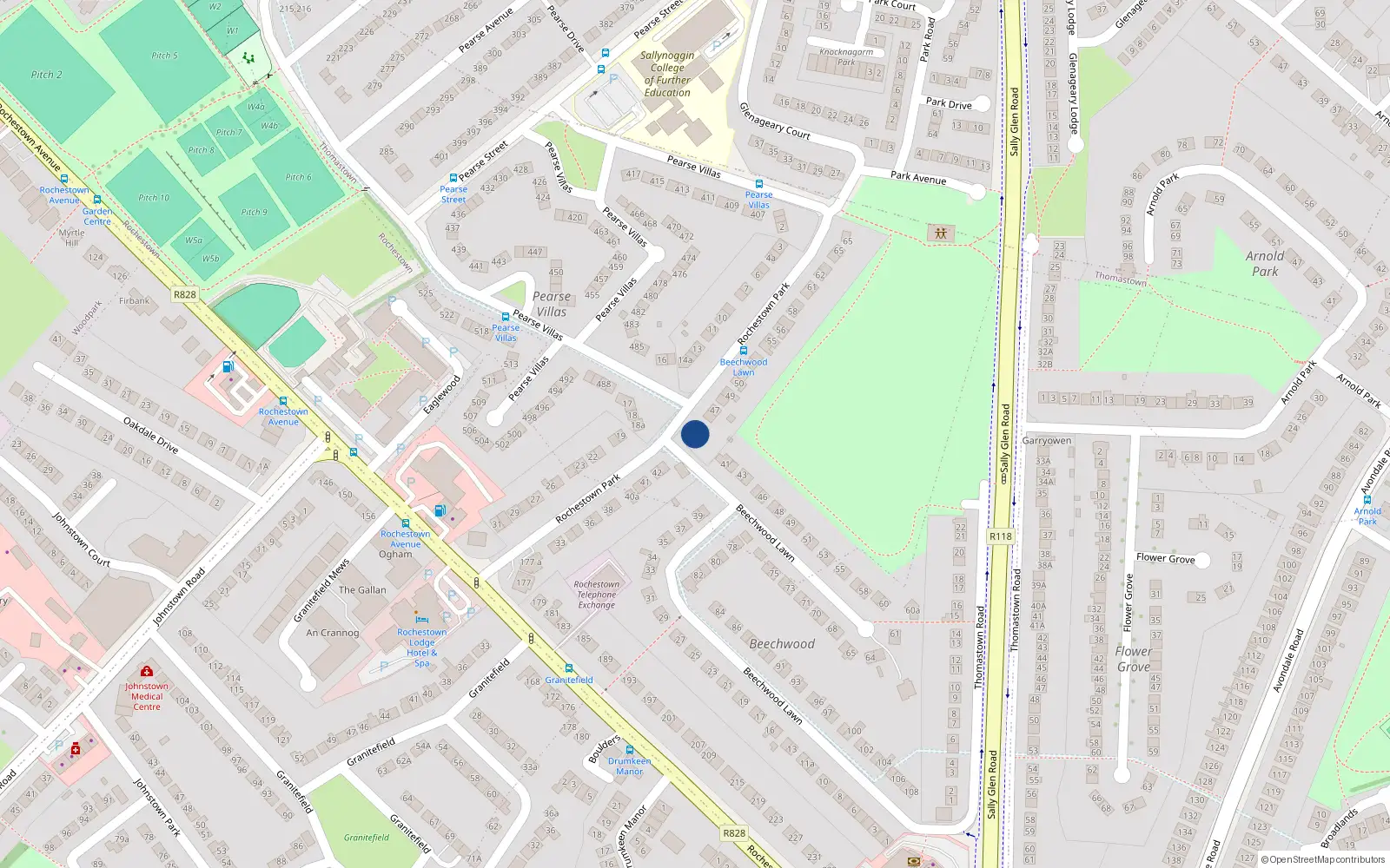 Overhead map showing the location of 44 Rochestown Park, Dun Laoghaire, Dublin