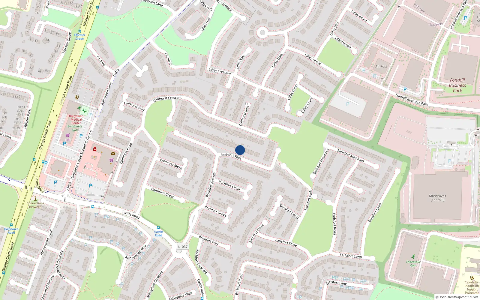 Overhead map showing the location of 44 Rochfort Park, Rochfort Downs, Lucan