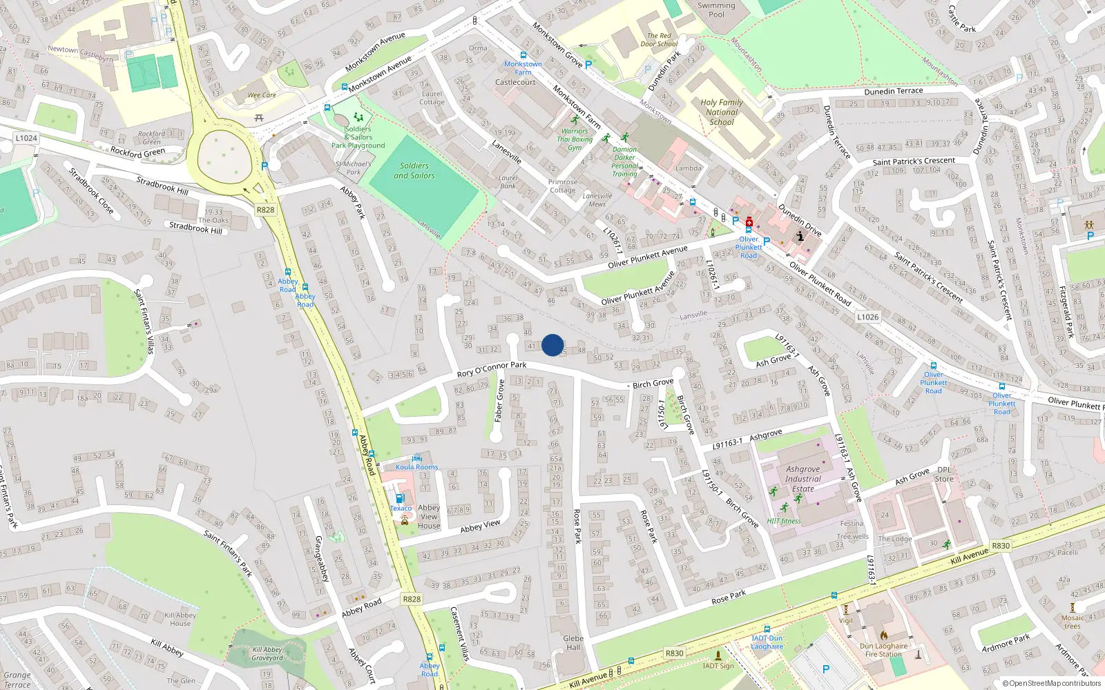Overhead map showing the location of 44 Rory Oconnor Park, Dun Laoghaire, Dublin