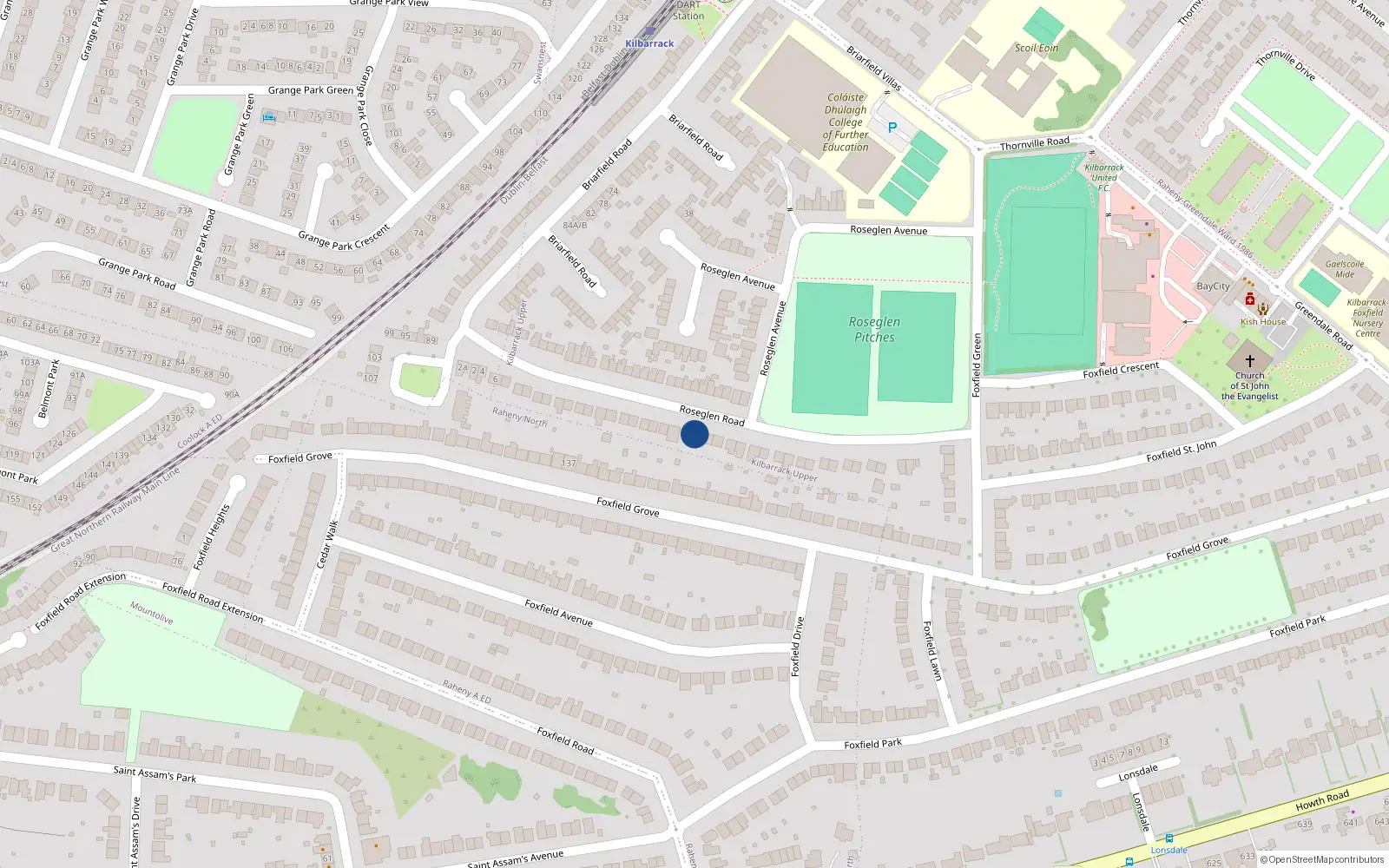 Overhead map showing the location of 44 Roseglen Road, Dublin 5