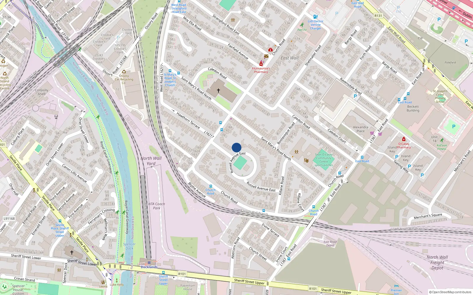 Overhead map showing the location of 44 Russell Avenue, East Wall, Dublin 3