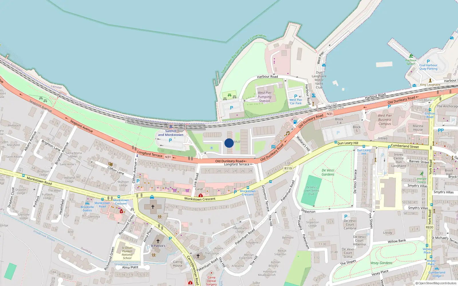 Overhead map showing the location of 44 Salthill, Monkstown, Dublin