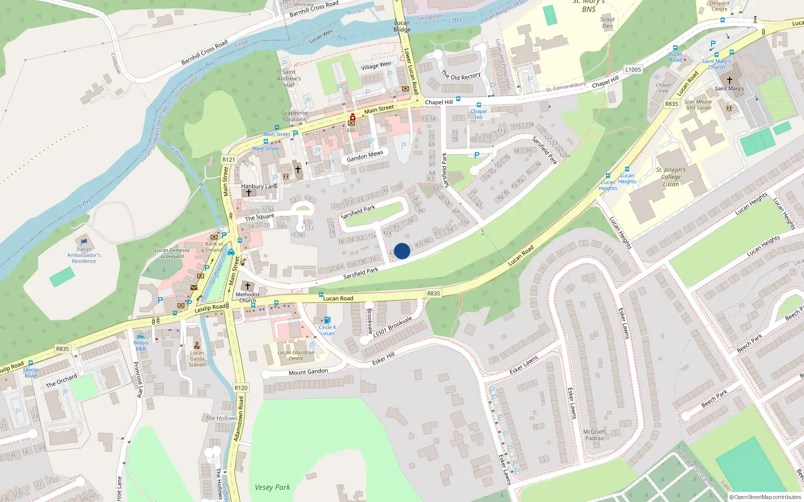 Overhead map showing the location of 44 Sarsfield Park, Lucan, Dublin