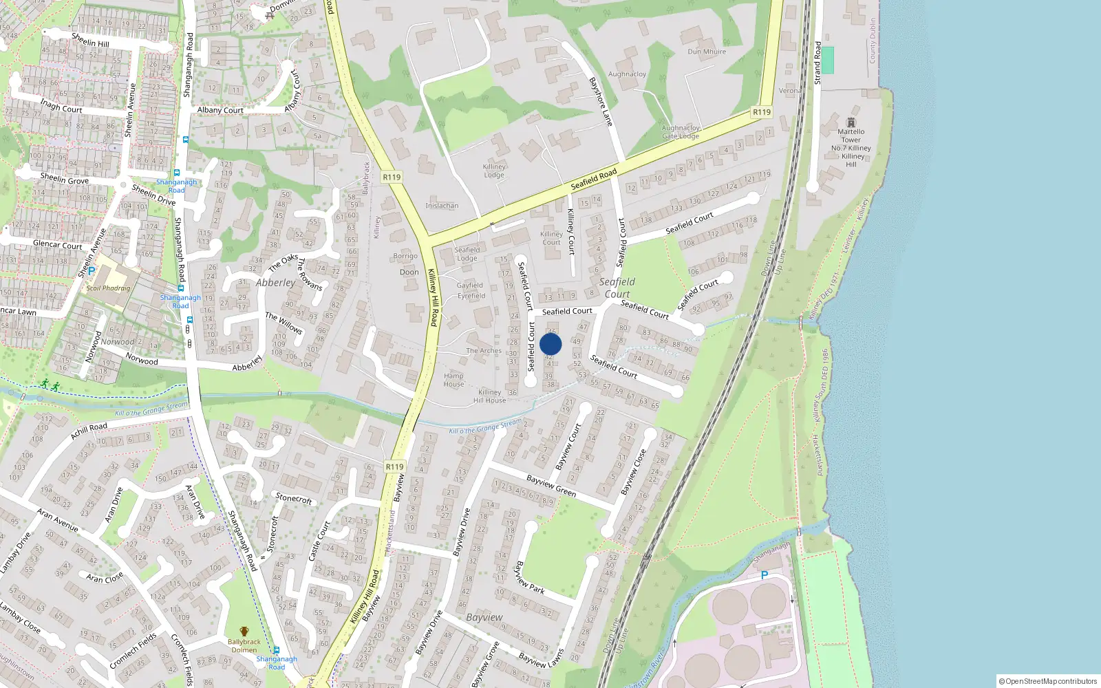 Overhead map showing the location of 44 Seafield Court, Killiney