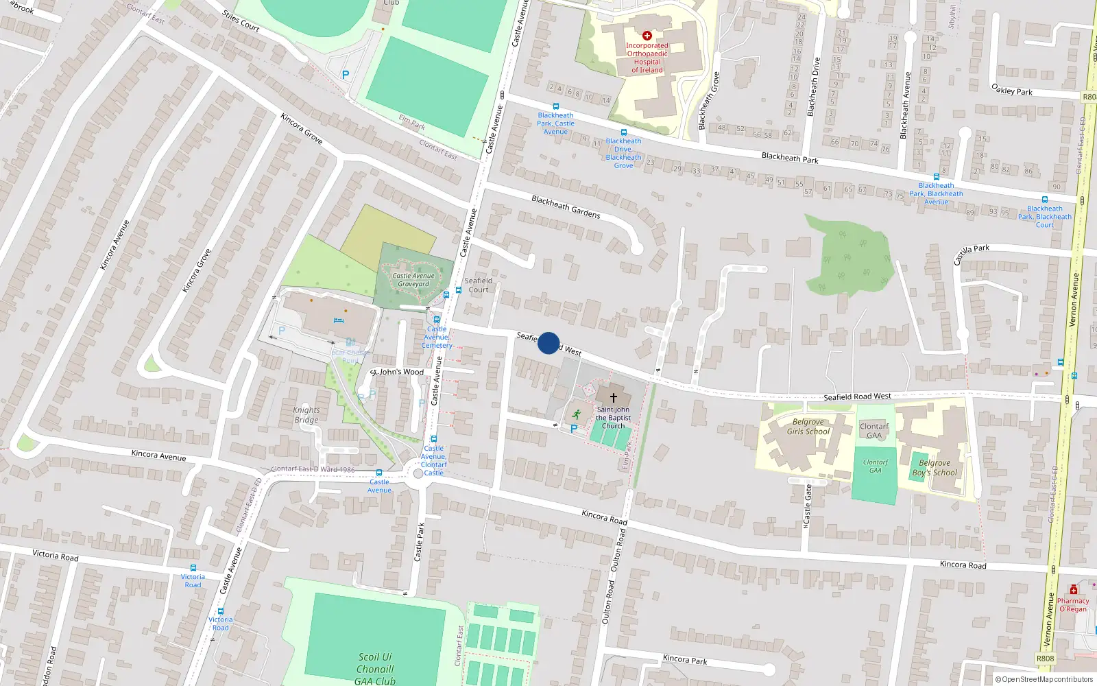 Overhead map showing the location of 44 Seafield Road West, Clontarf