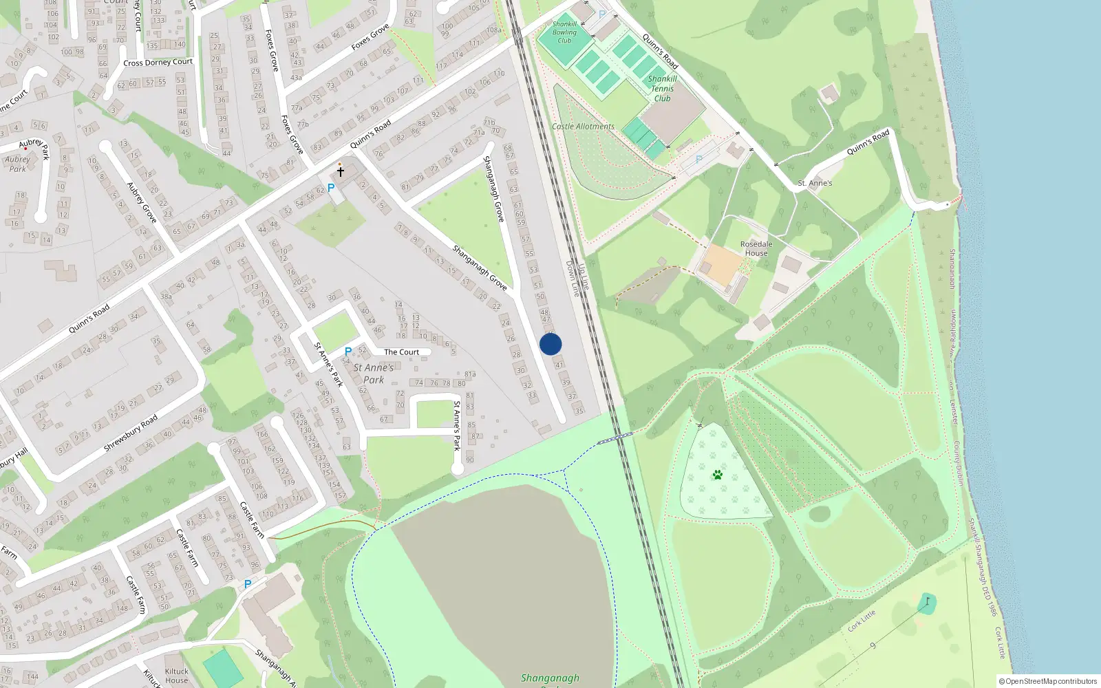 Overhead map showing the location of 44 Shanganagh Grove, Shankill