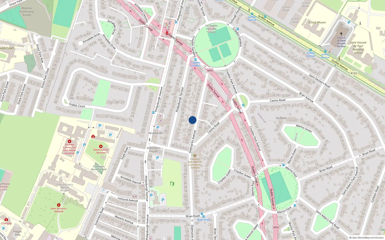 Overhead map showing the location of 44 Shelmartin Avenue, Marino, Dublin 3, D03 N9y4