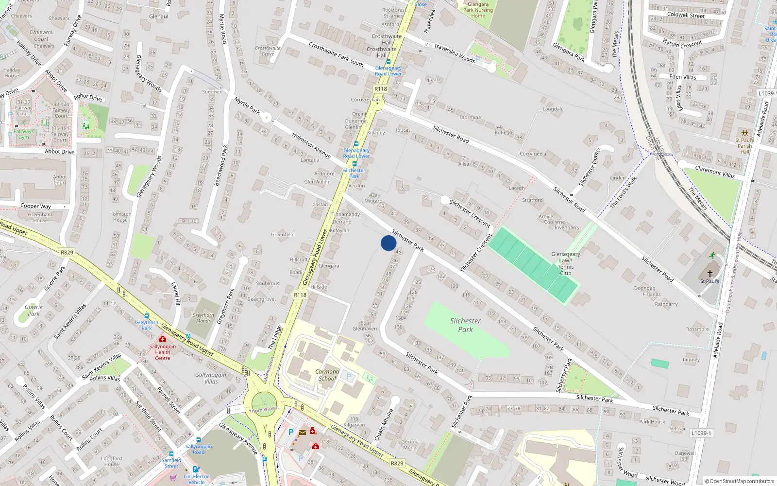Overhead map showing the location of 44 Silchester Park, Dun Laoghaire