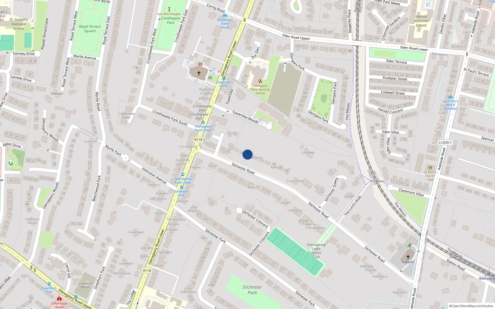 Overhead map showing the location of 44 Silchester Road, Glenageary, Dublin