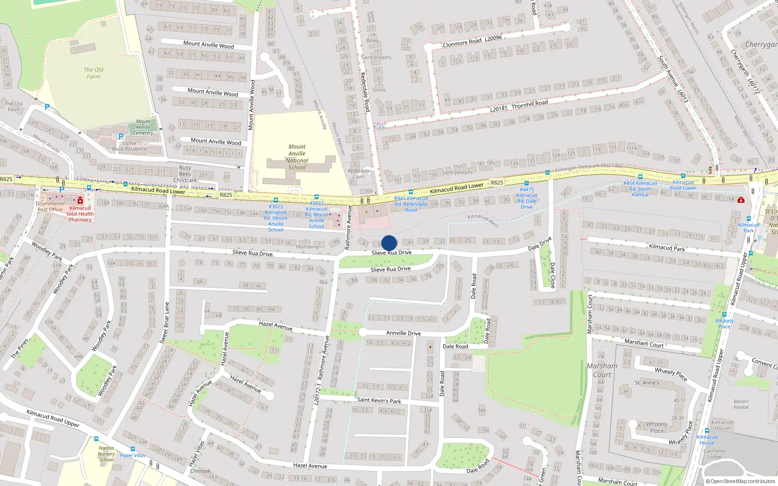 Overhead map showing the location of 44 Slieve Rua Drive, Kilmacud, Blackrock