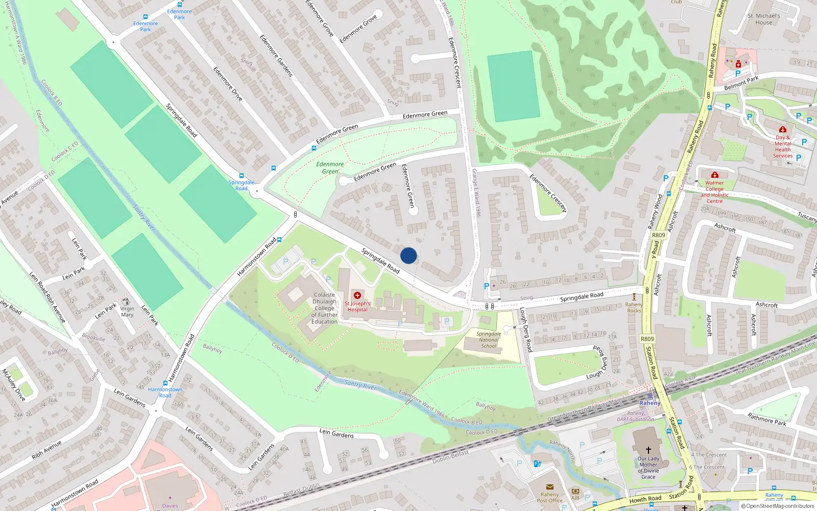 Overhead map showing the location of 44 Springdale Road, Dublin 5