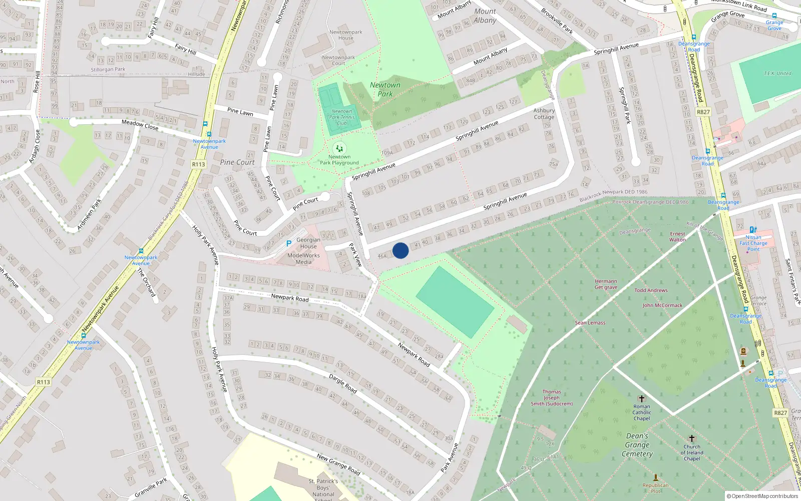 Overhead map showing the location of 44 Springhill Avenue, Blackrock, Dublin