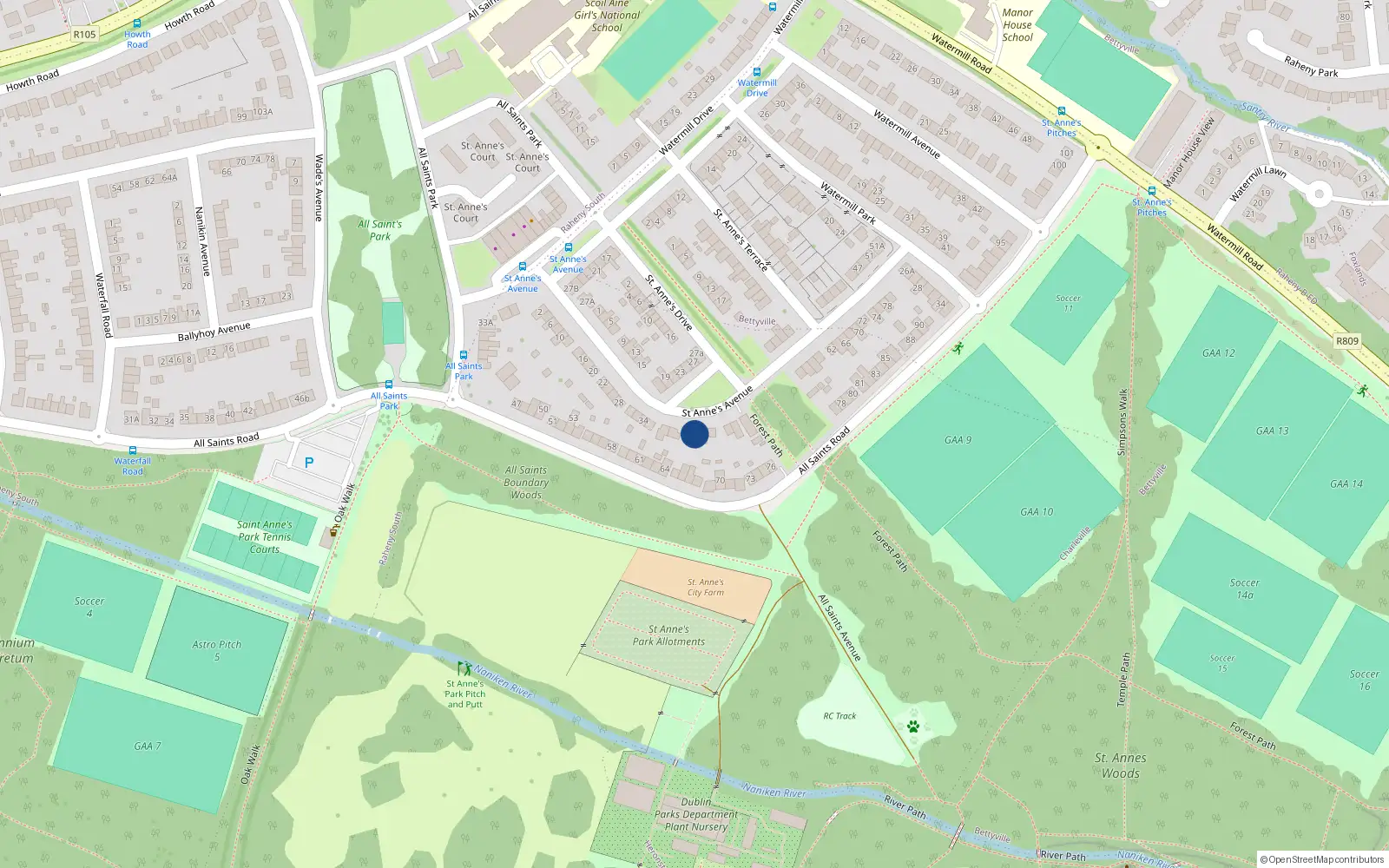 Overhead map showing the location of 44 St Annes Avenue, Raheny, Dublin 5