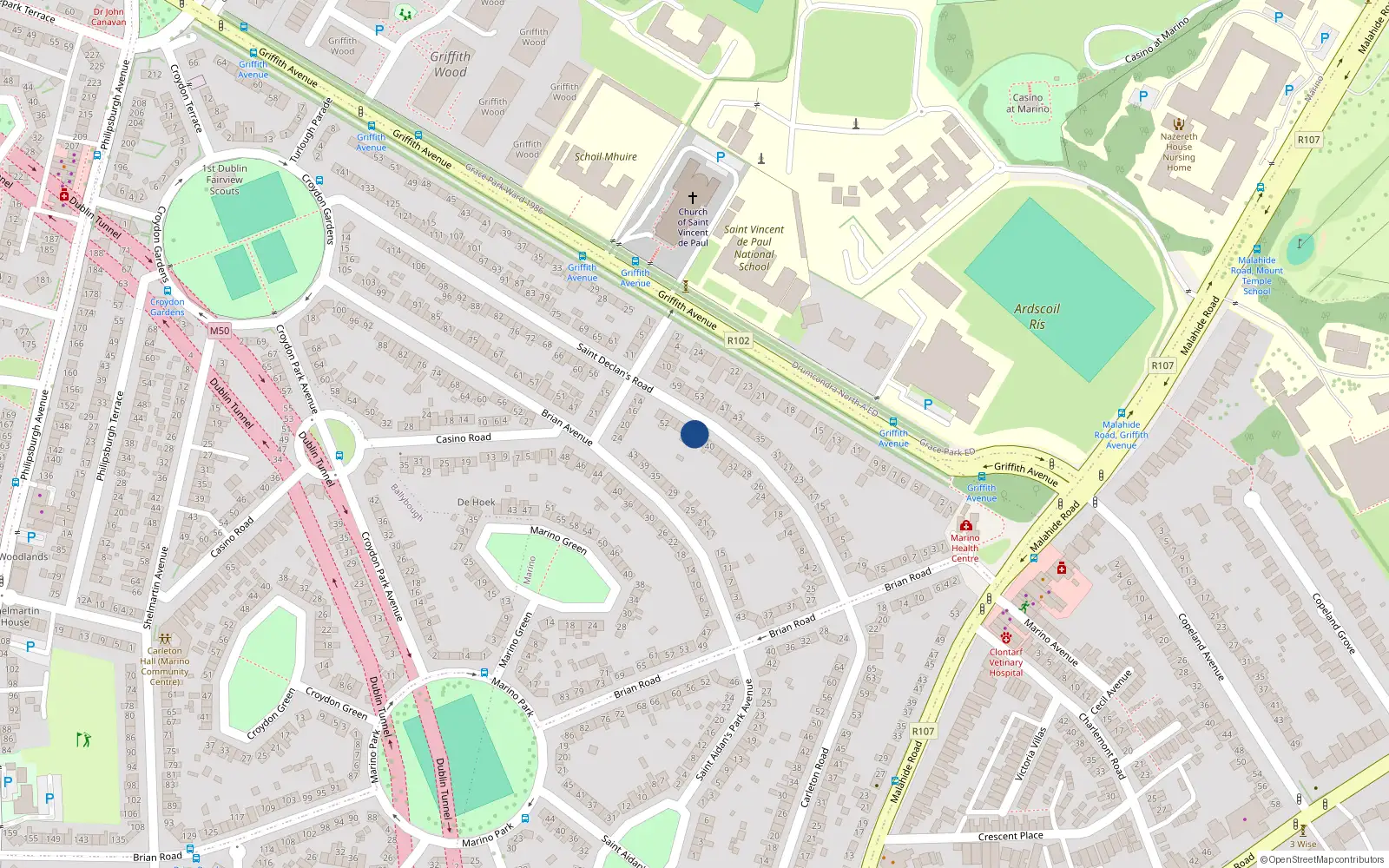 Overhead map showing the location of 44 St Declan Road, Marino, Dublin 3
