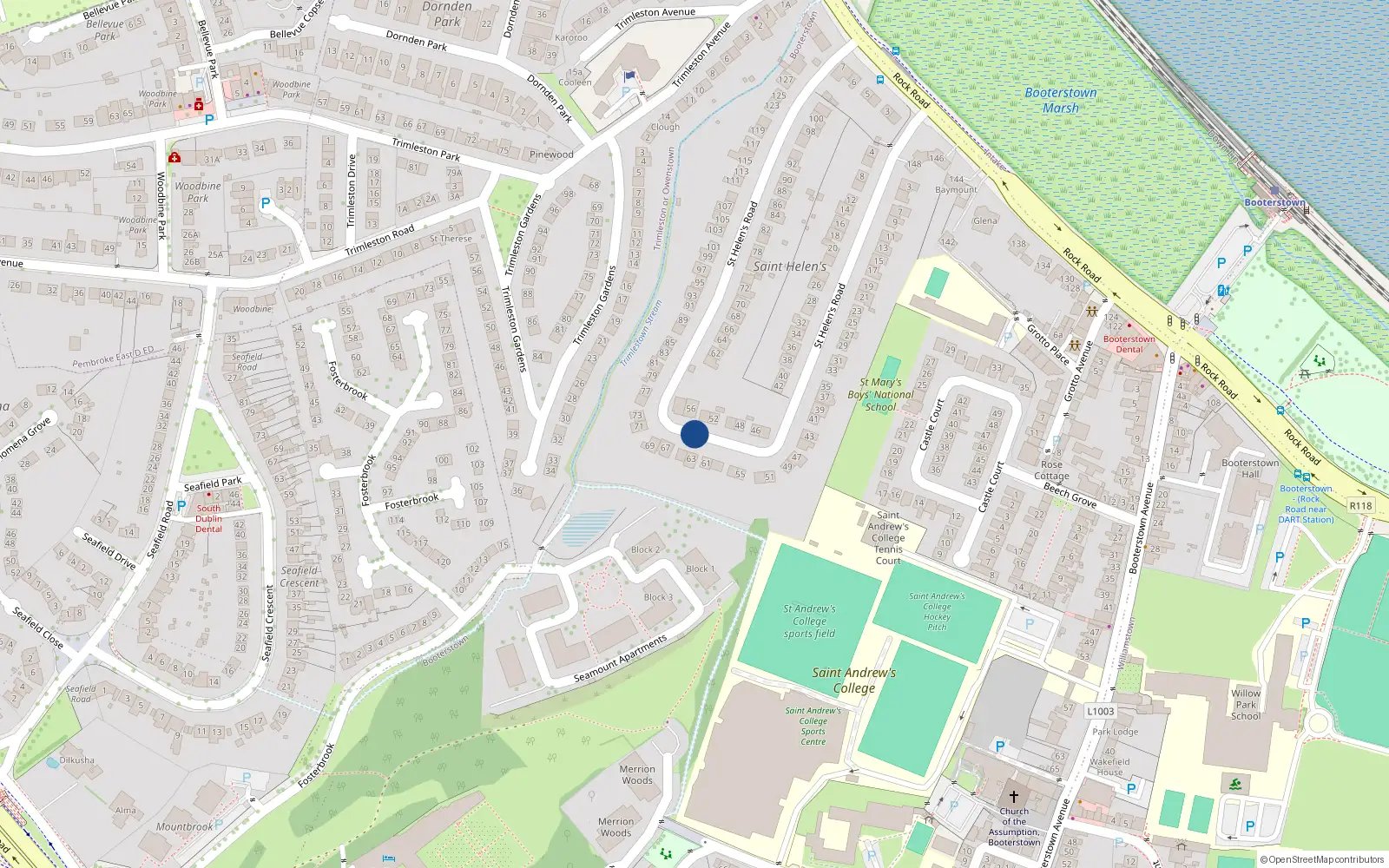 Overhead map showing the location of 44 St Helen's Road, Booterstown
