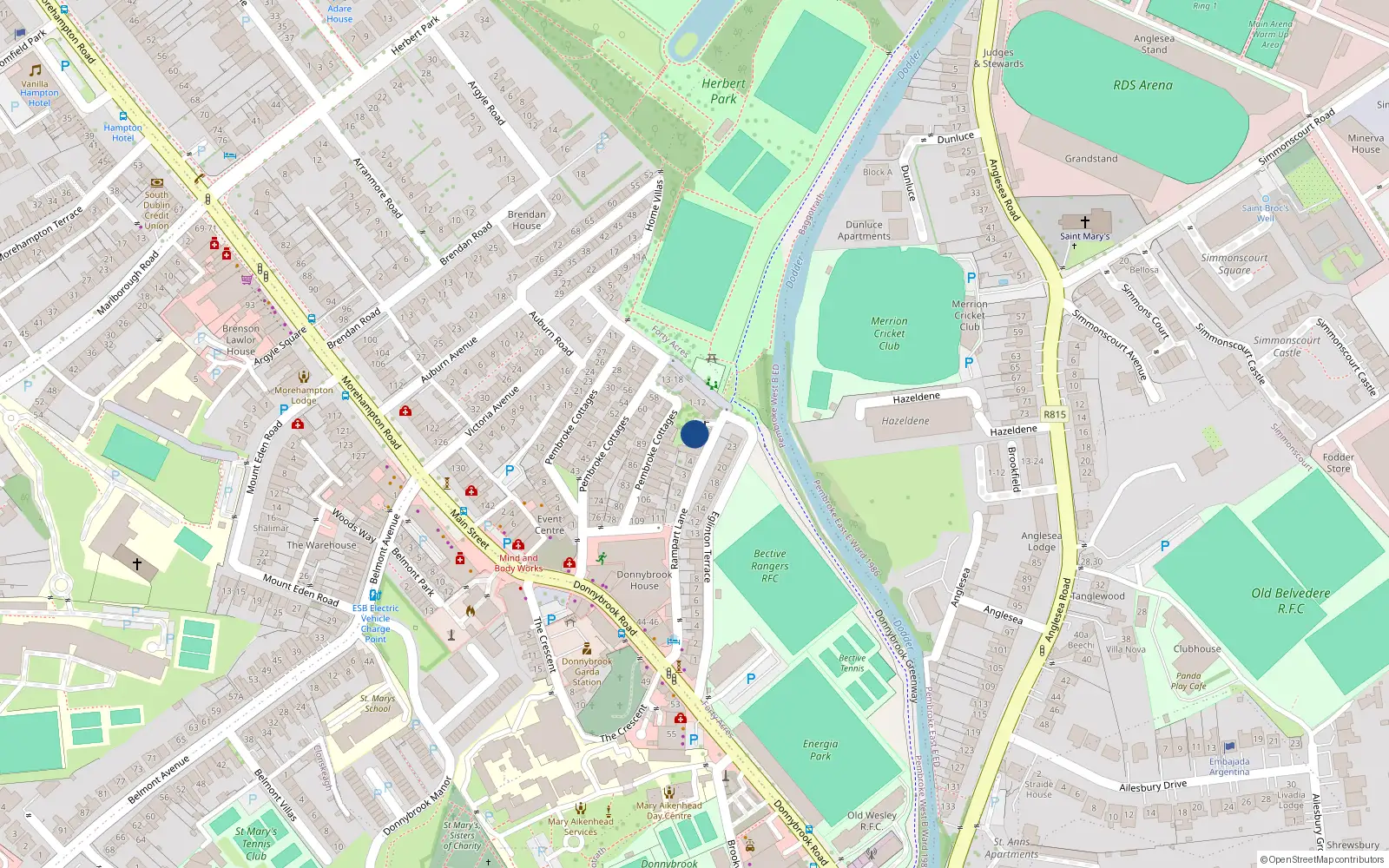 Overhead map showing the location of 44 the Oaks, Herbert Park Lane, Ballsbridge Dublin 4