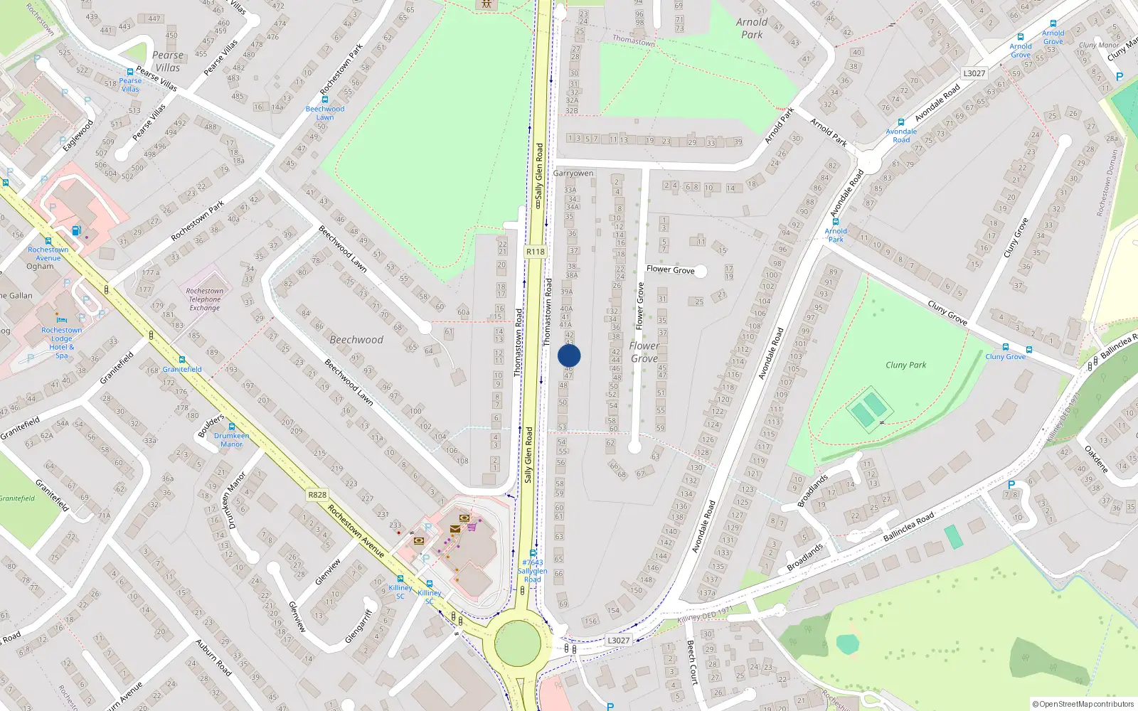 Overhead map showing the location of 44 Thomastown Road, Dublin