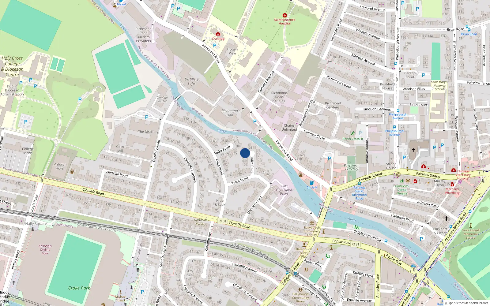 Overhead map showing the location of 44 Tolka Road, Dublin 3