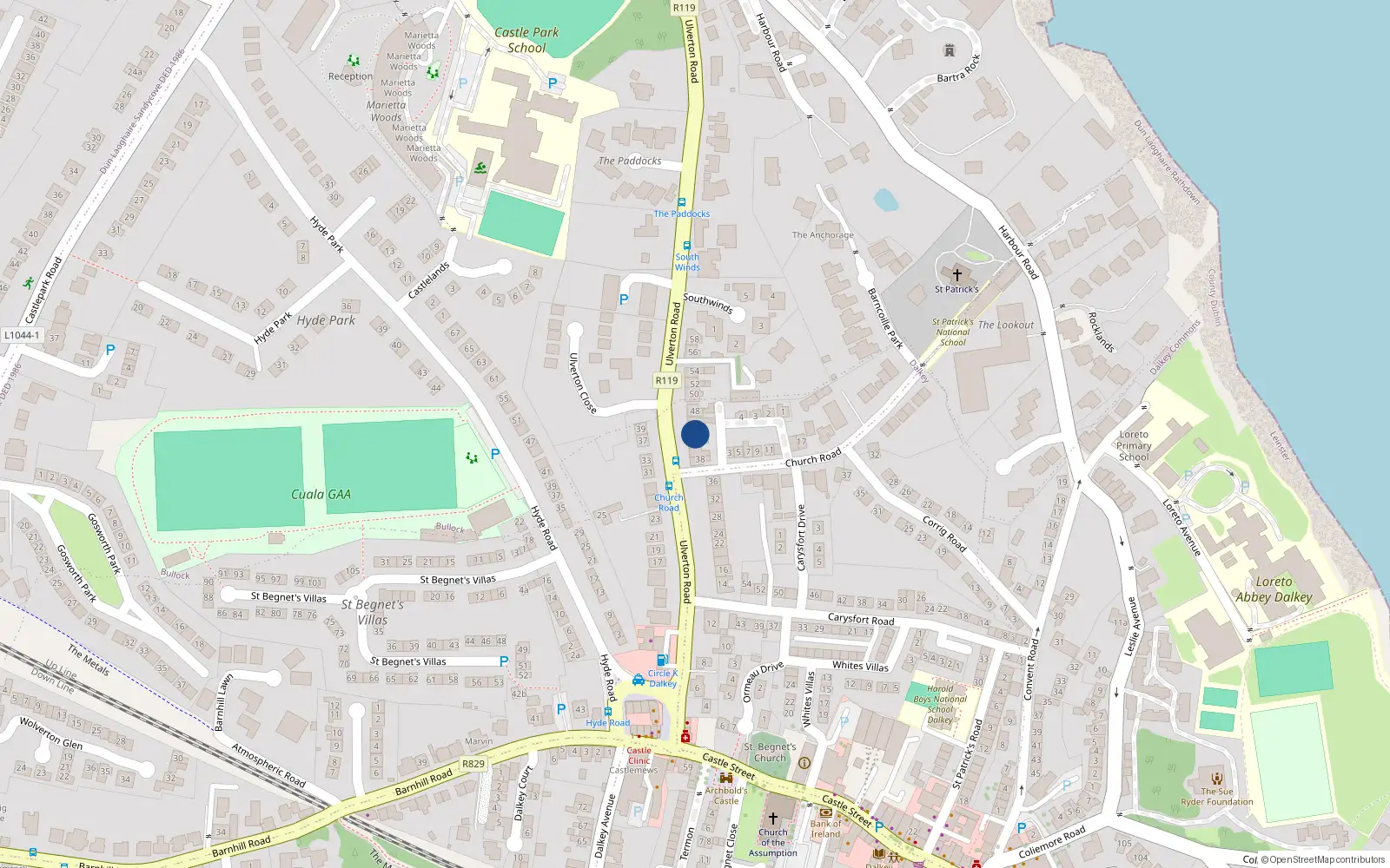 Overhead map showing the location of 44 Ulverton Road, Dalkey, Dublin