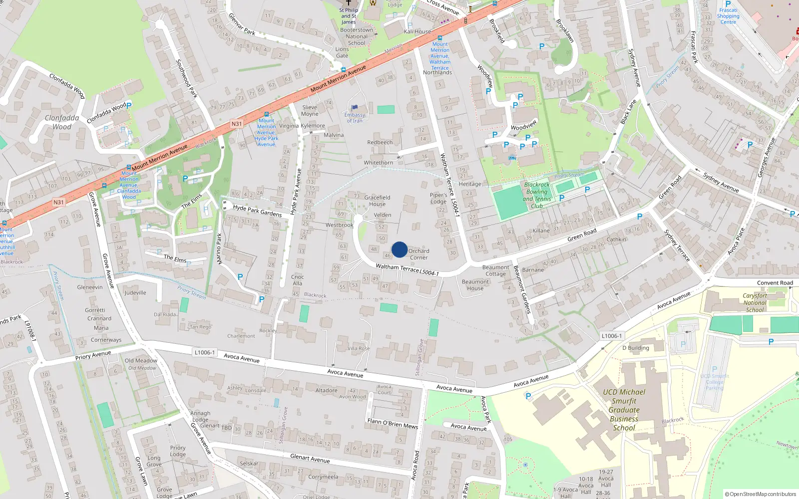 Overhead map showing the location of 44 Waltham Terrace, Blackrock