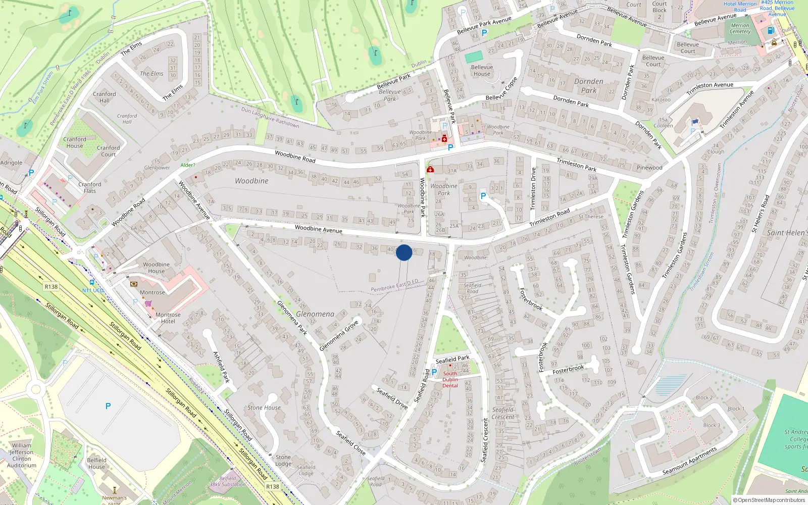 Overhead map showing the location of 44 Woodbine Avenue, Blackrock