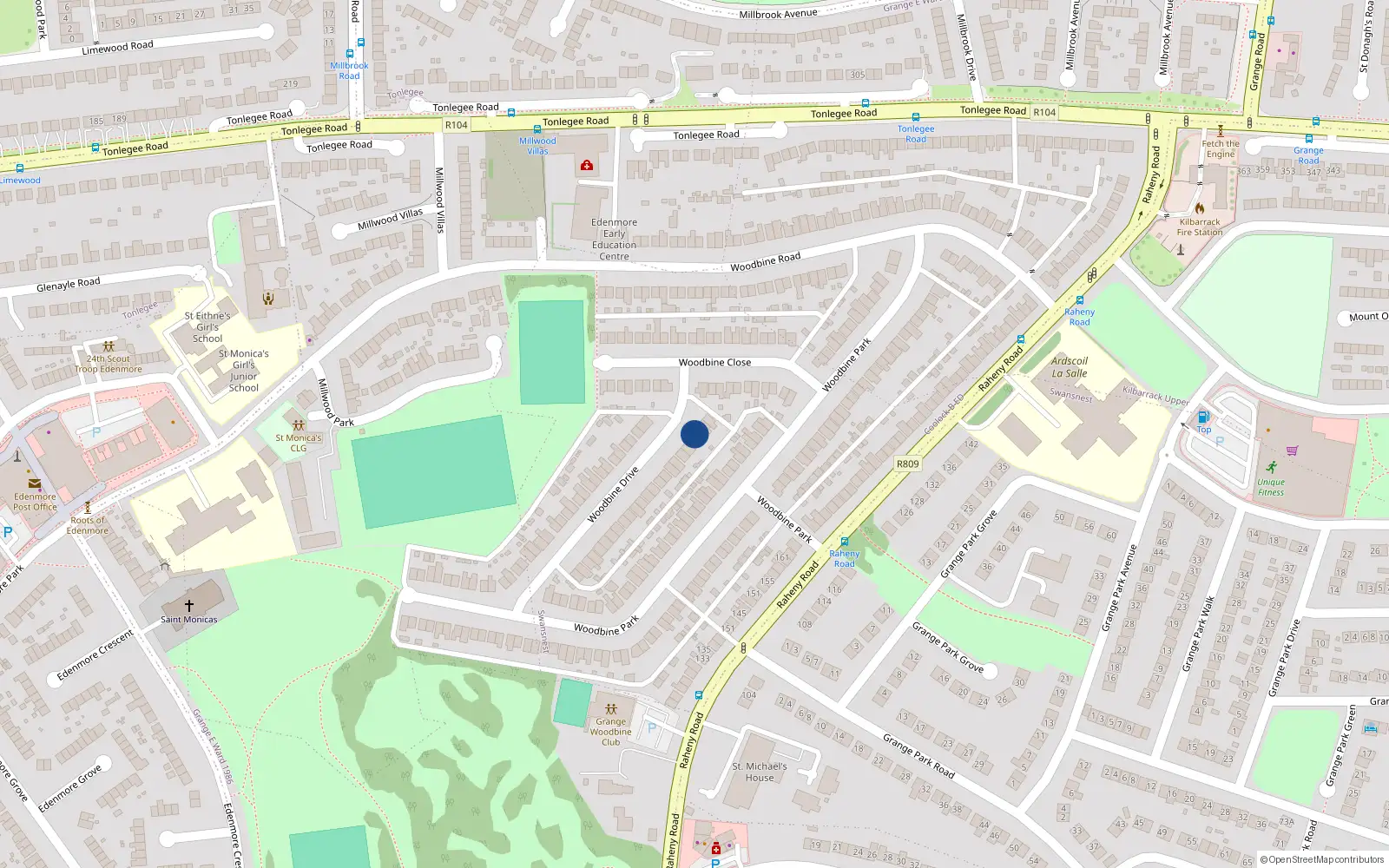 Overhead map showing the location of 44 Woodbine Drive, Raheny, Dublin 5