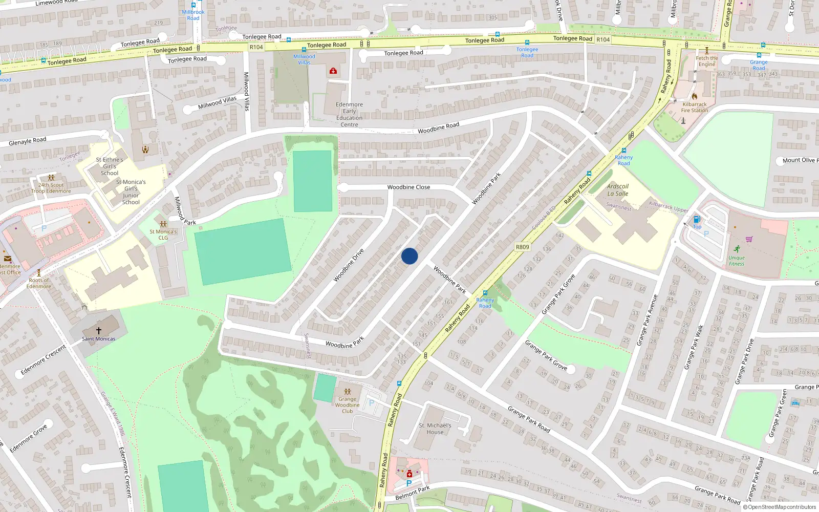 Overhead map showing the location of 44 Woodbine Park, Dublin 5