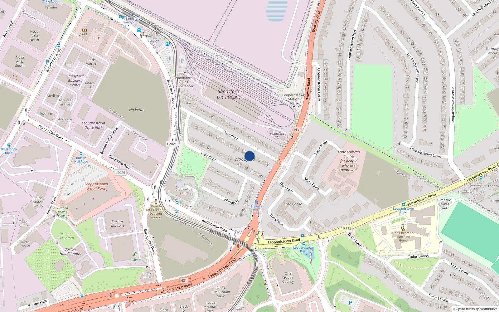 Overhead map showing the location of 44 Woodford, Brewery Road, Leopardstown
