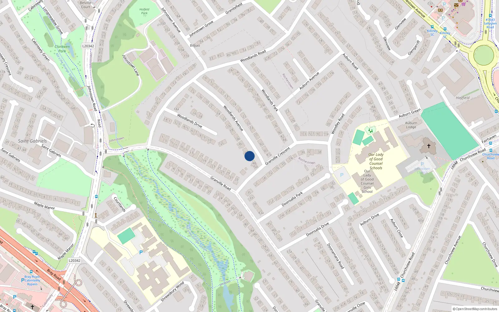 Overhead map showing the location of 44 Woodlands Avenue, Dublin