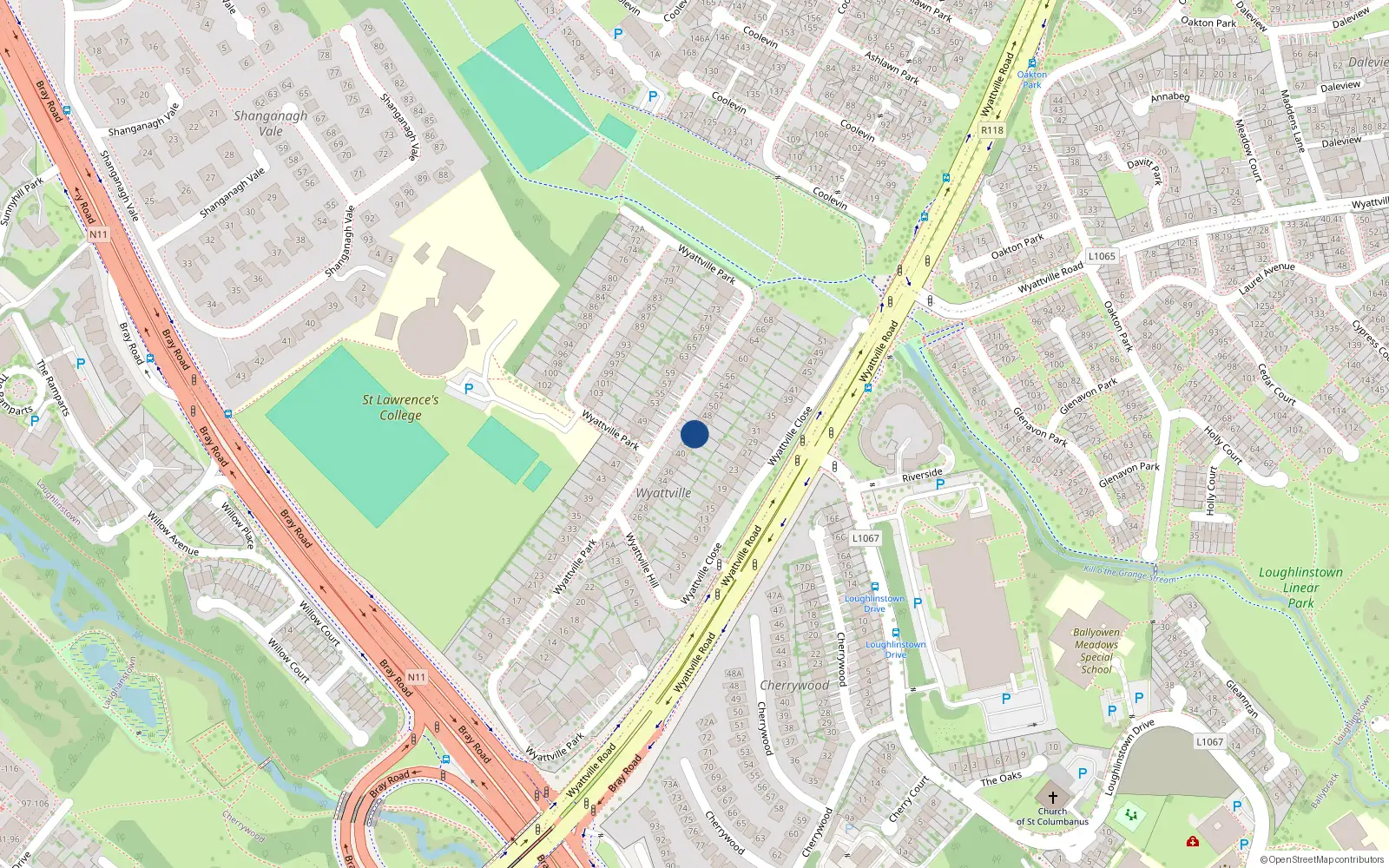 Overhead map showing the location of 44 Wyattville Park, Dublin