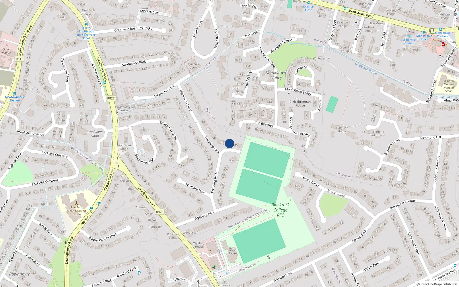 Overhead map showing the location of 44 Wynberg Park, Blackrock, Dublin