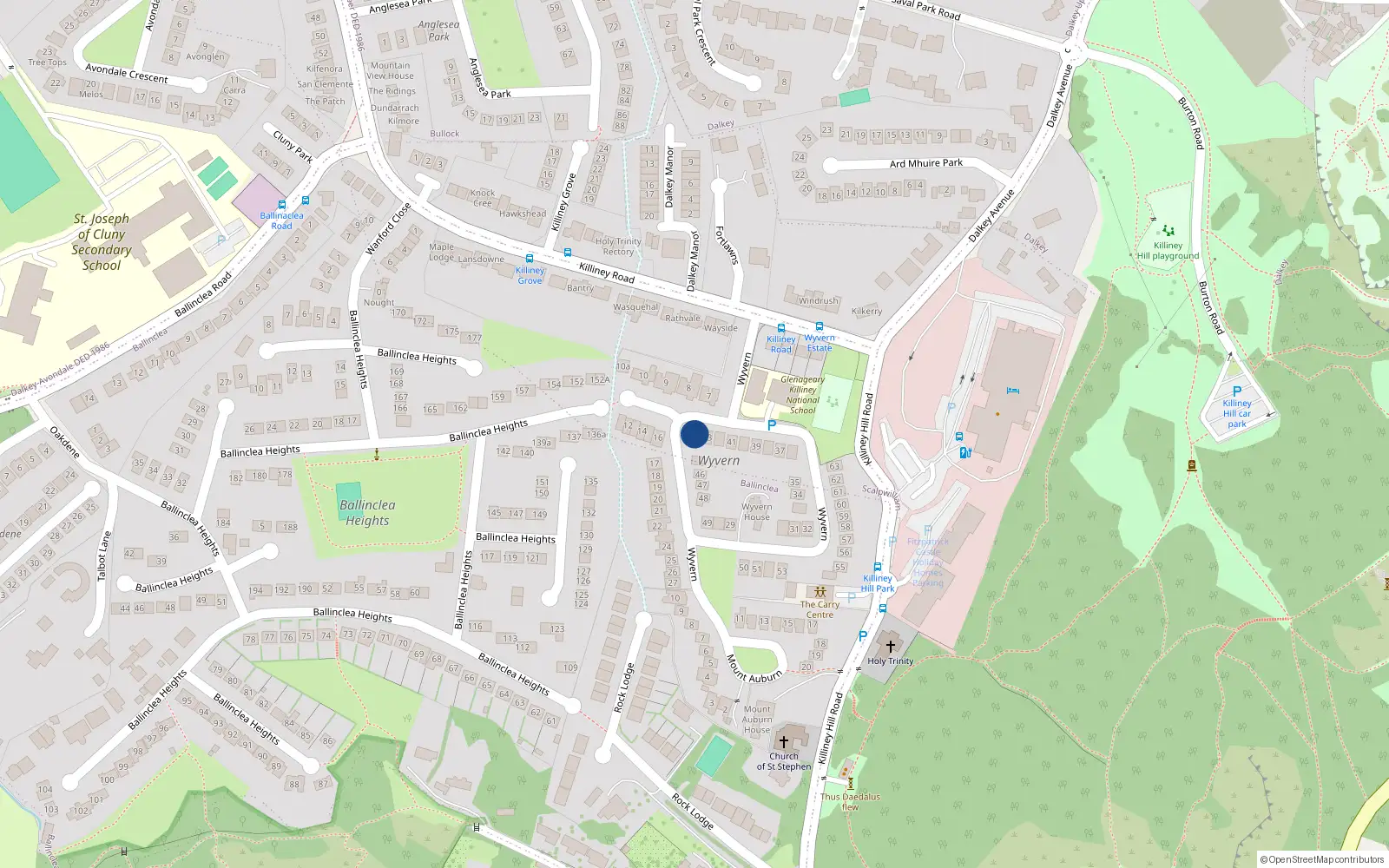 Overhead map showing the location of 44 Wyvern, Killiney