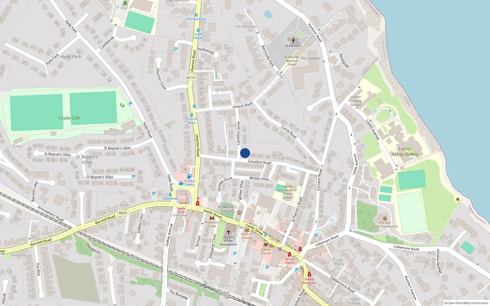 Overhead map showing the location of 44A Carysfort Road, Dalkey