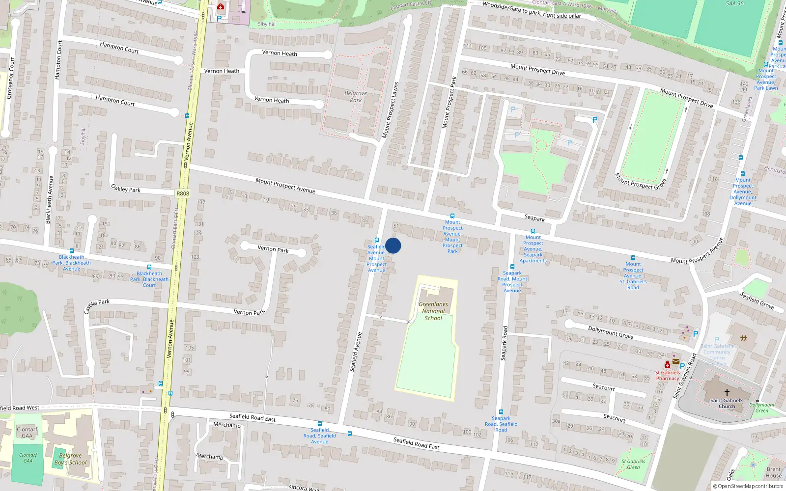 Overhead map showing the location of 44 Seafield Avenue, Dublin