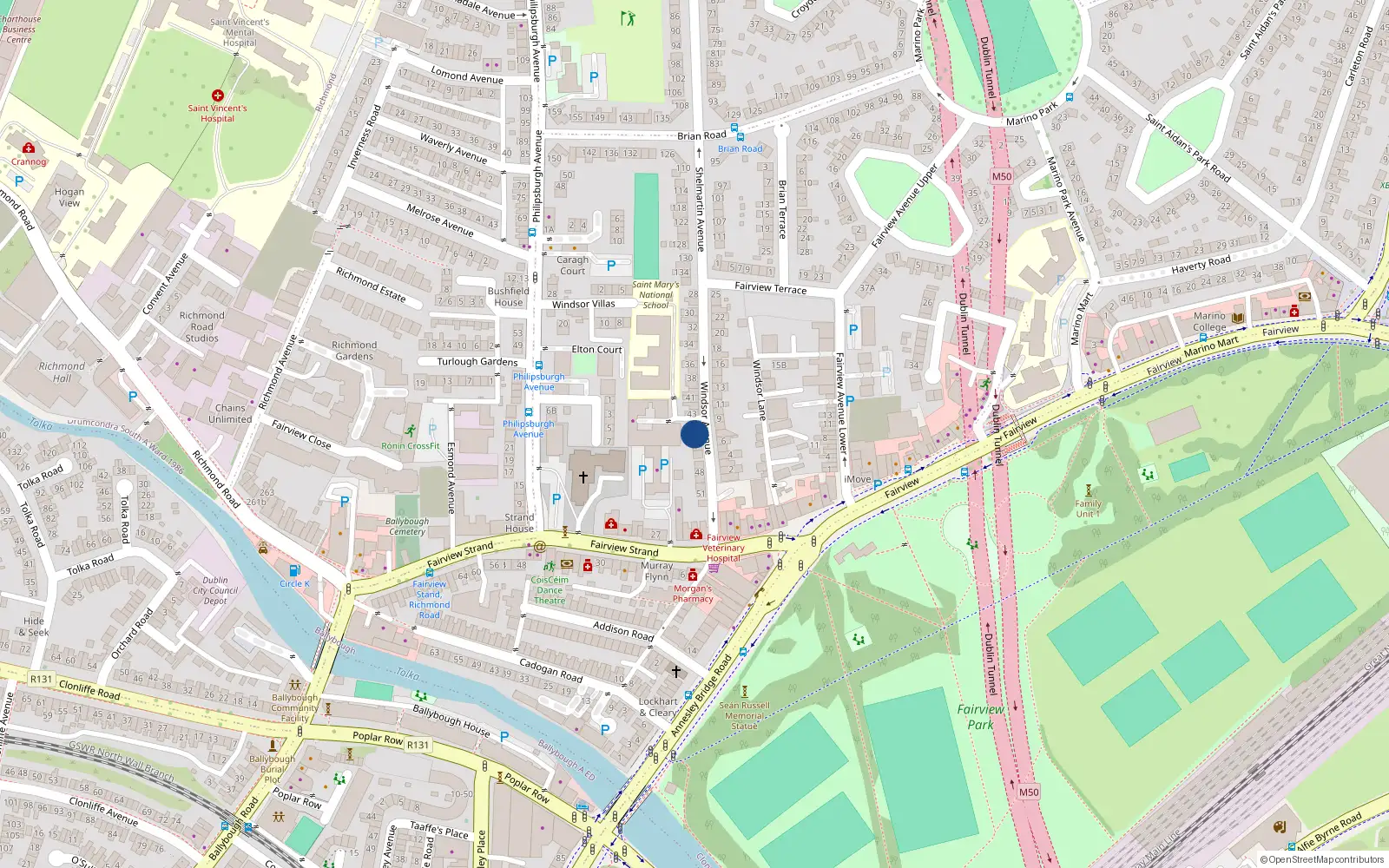 Overhead map showing the location of 44A Windsor Avenue, Fairview, Dublin 3