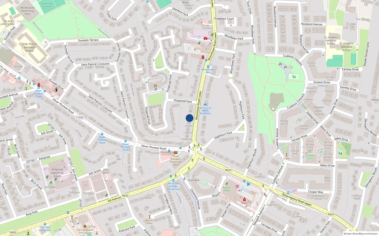 Overhead map showing the location of 44mounttown Road, Monkstown, Dublin