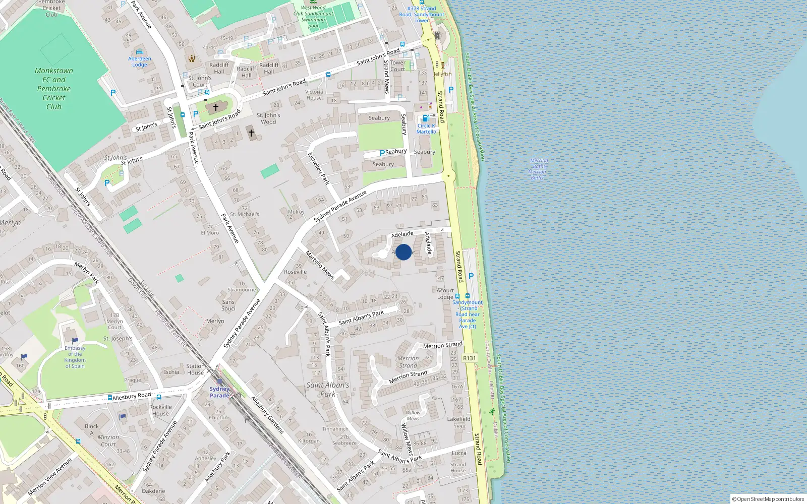 Overhead map showing the location of 45 Adelaide, Strand Road, Sandymount Dublin 4