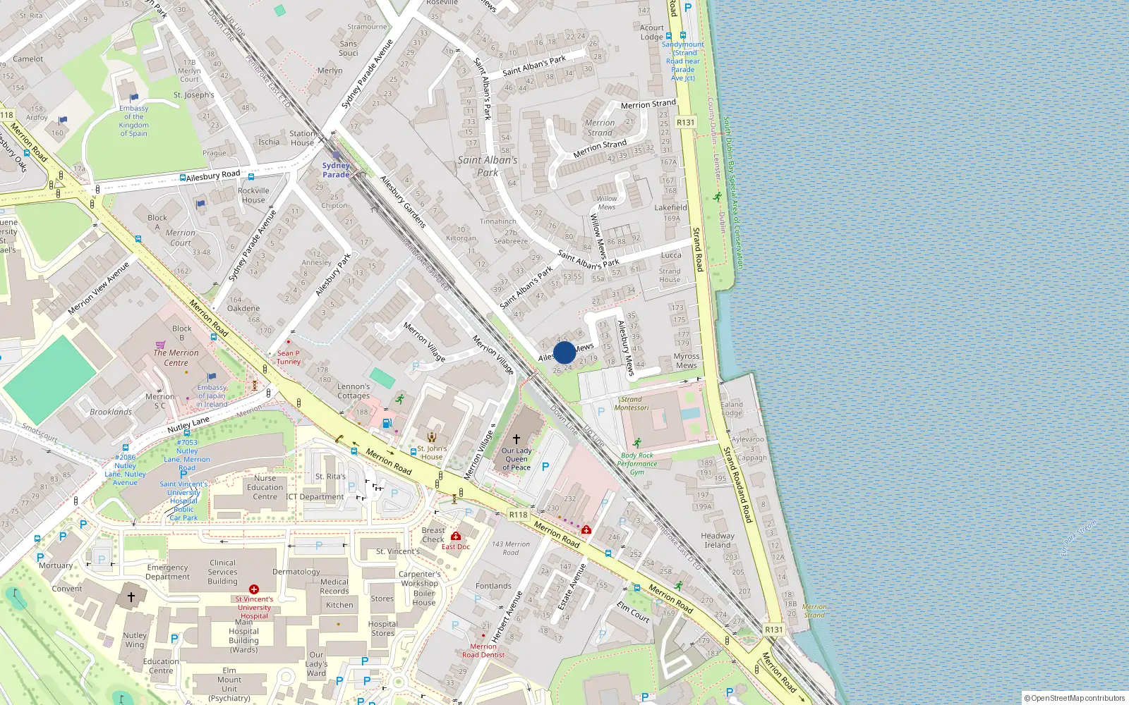 Overhead map showing the location of 45 Ailesbury Mews, Dublin